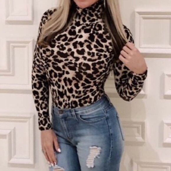 Black Brown Leopard bodysuit long sleeve mock neck size small - Picture 1 of 11